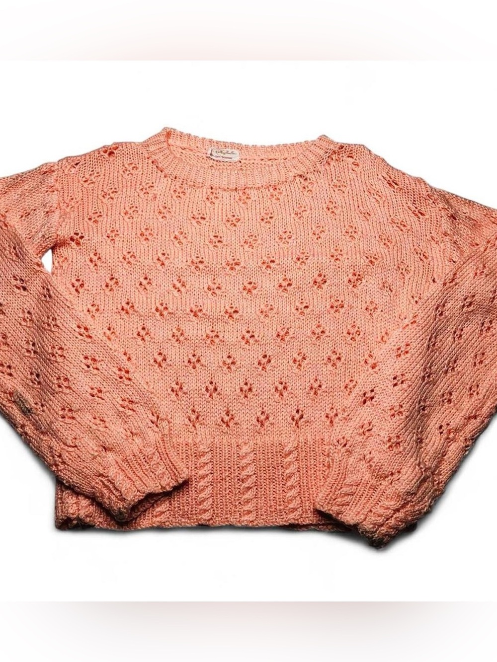 VTG 60s Handmade OOAK Knitted Crew Pullover Sweater in Peach w/ Diamond Pattern